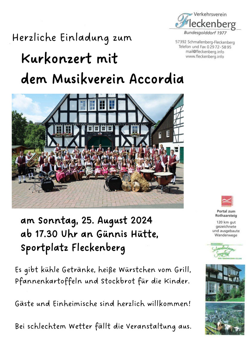 Herzliche Einladung zum Kurkonzert mit dem Musikverein Accordia am 25.08.2024 um 14.30 bei Günnis Hütte