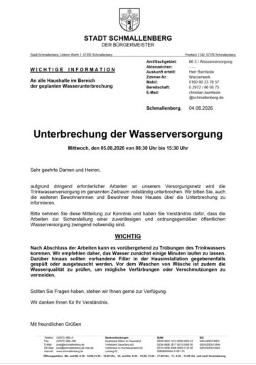 Unterbrechung der Wasserversorgung Fleckenberg